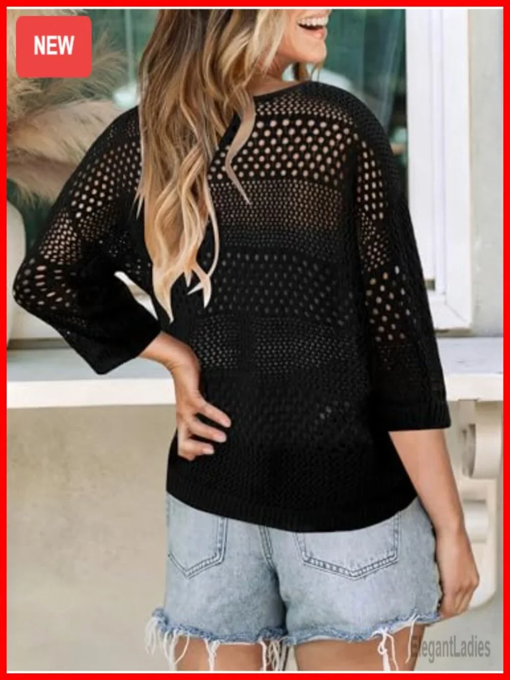 Crochet Hollow Out Three-Quarter Sleeve Beach Swim Cover Up Knit Top